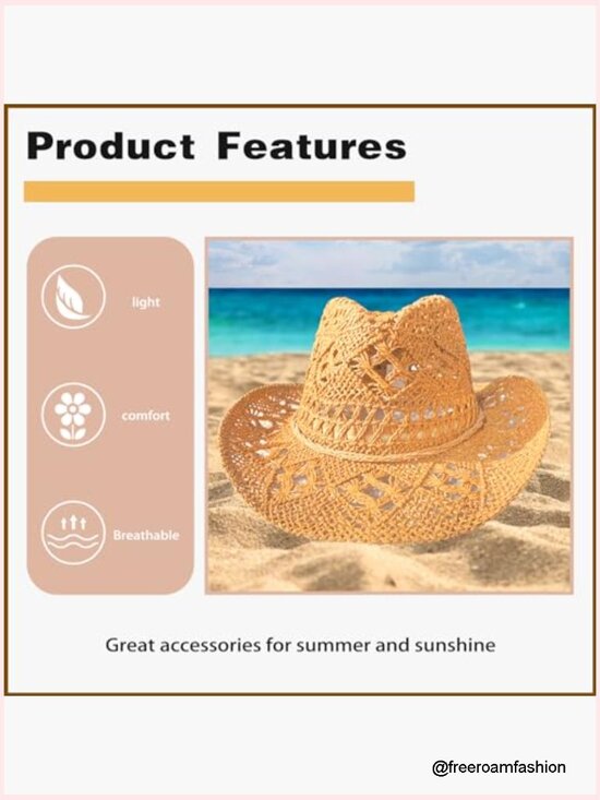 Foldable Wide Brim Cowboy Hat for Women Men, Paper Straw, Adjustable Size main image 6